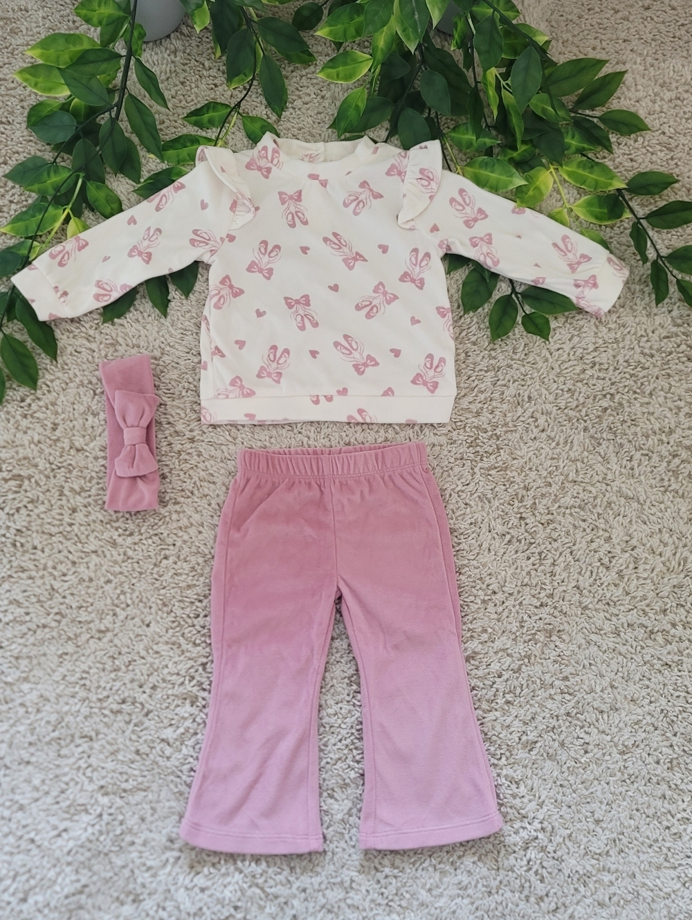 Baby Girl Ballet Flats, Bows, & Hearts Outfit + Headband (9-12 Months)